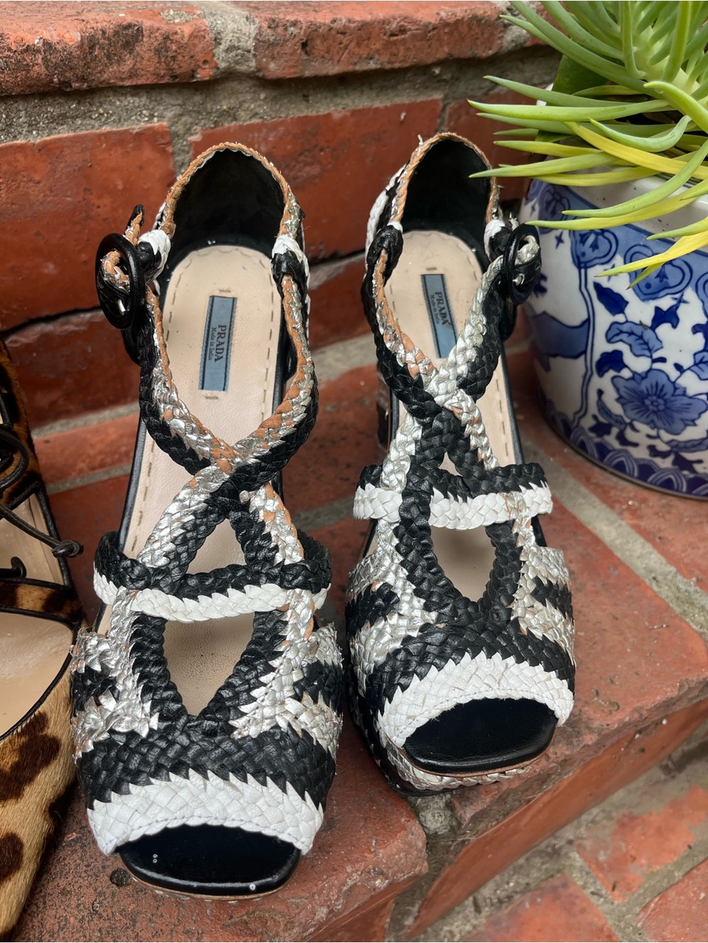 2 pairs, Prada silver black wedges and Manolo Blahnik pony hair tie pumps - Picture 3 of 11